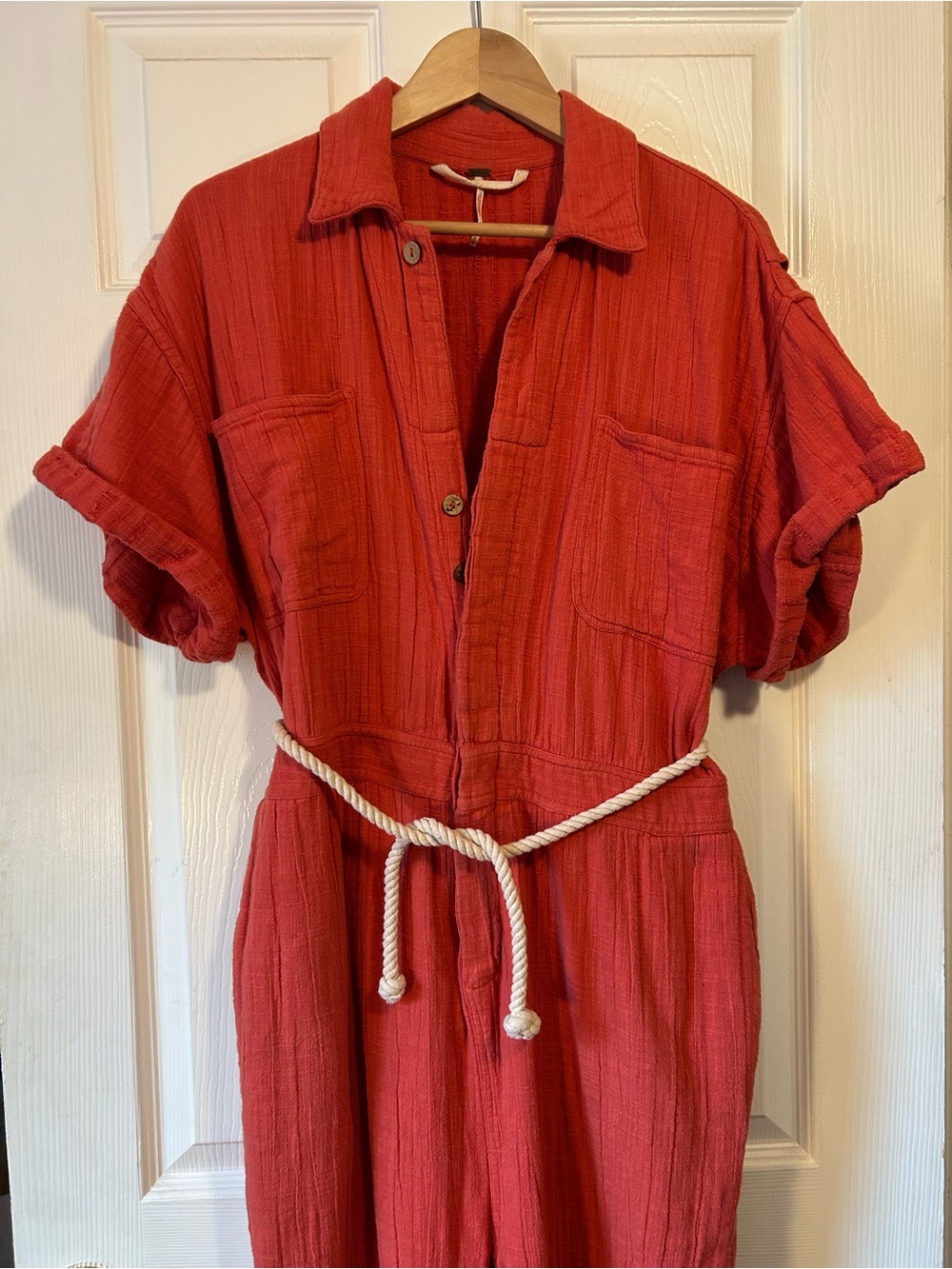 Free People Deep Coral Linen Blend Jumpsuit with Rope Belt and Pockets!